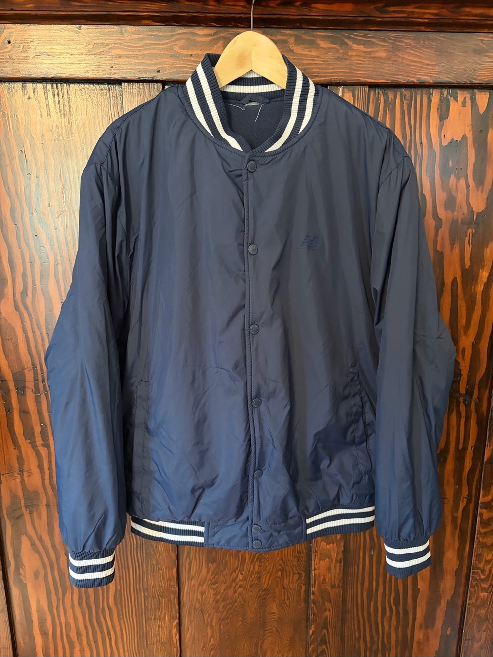 Men's New Balance Navy Bomber Jacket with Stripe Rib Trim